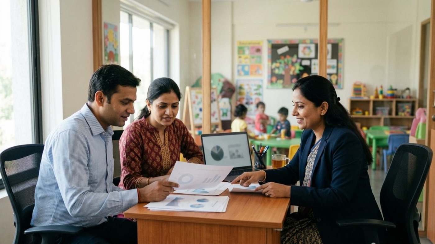 Preschool franchise owner reviewing monthly income and payback with a business advisor