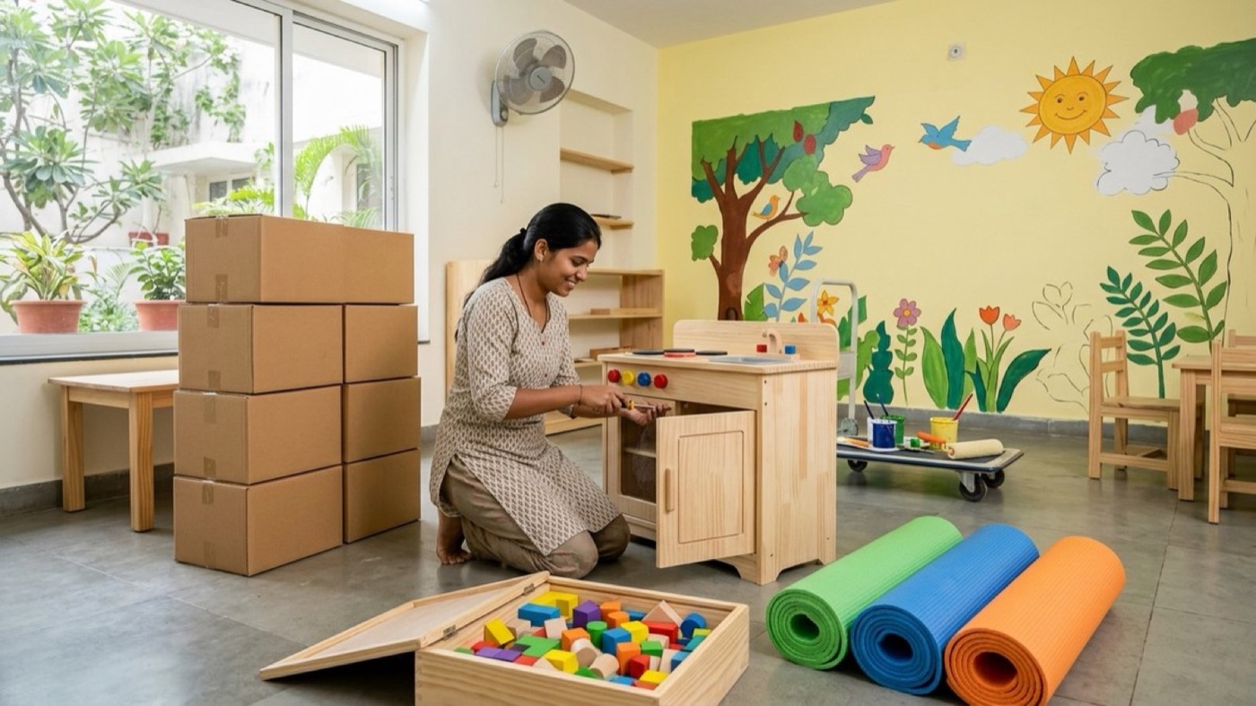 Preschool interiors being fitted out: furniture, play equipment and learning materials